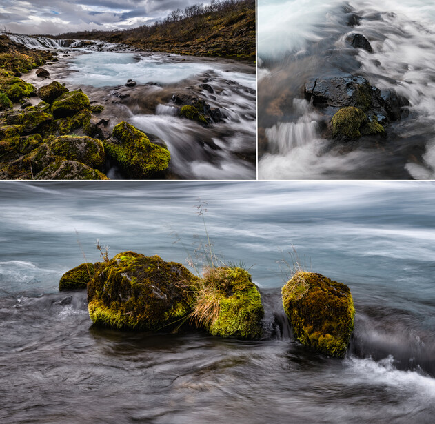 Moss-covered rocks in flowing water with long exposure technique creating silky water effect.