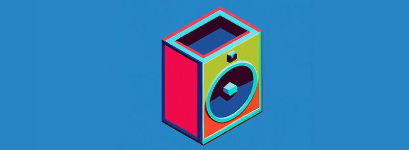 Illustration of a colorful cubic washing machine with a cyan porthole window against a blue background.
