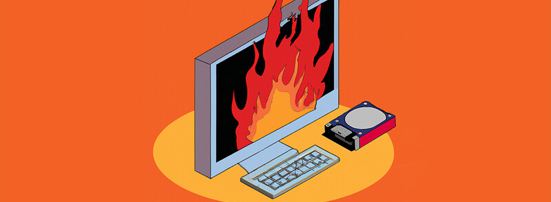 Illustration of a computer setup with flames on the monitor screen against an orange background.