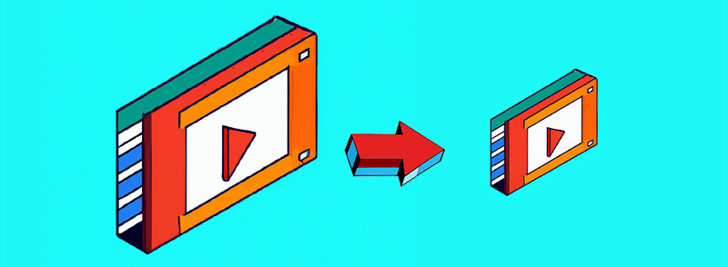 Illustration showing a large video player window with a play button, connected by an arrow to a smaller video player window.