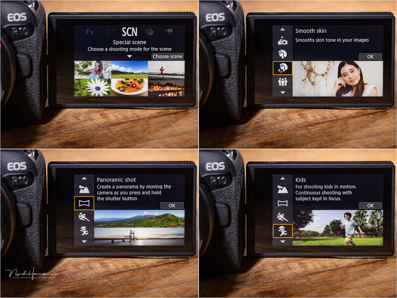 Screenshot grid showing four camera menu modes: Scene, Smooth Skin, Panoramic Shot, and Kids on Canon EOS camera displays.