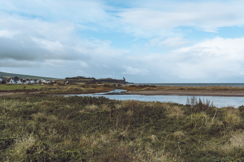 Coastal landscape with wetland vegetation, blue pond, and distant houses under partly cloudy sky.