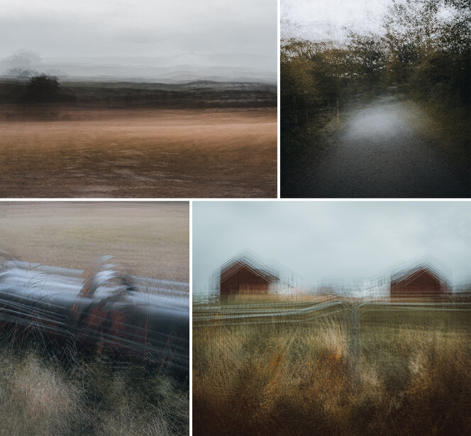 Four motion-blurred photographs of rural landscapes with fields, water, and structures.