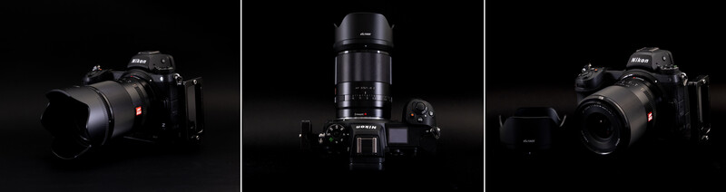 Three Nikon cameras with lenses displayed against black backgrounds from different angles.