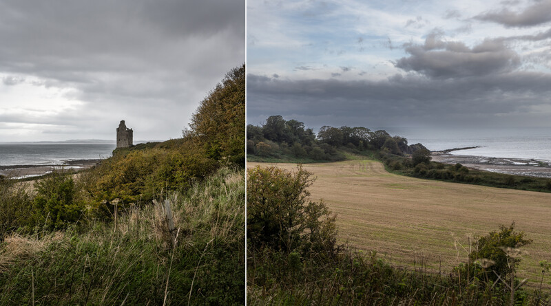 Split-screen comparison of a coastal landscape with a tower ruin on the left and rolling fields on the right.