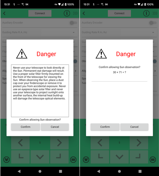 Screenshot of a mobile app displaying two warning dialog boxes with danger icons and confirmation prompts.