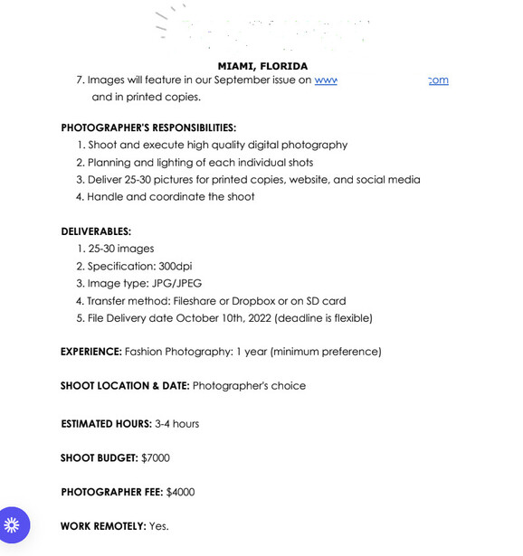 Screenshot of a photography job listing for a Miami shoot with project details and deliverables.