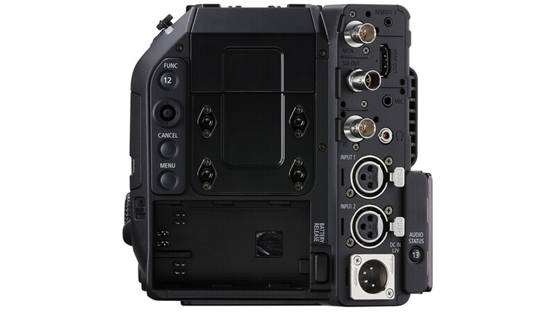 Rear and right-side view of a professional cinema camera body showing control panels, connectors, and input/output ports.