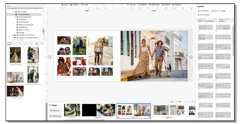 Screenshot of photo editing software showing a multi-page layout with family portraits and lifestyle images.