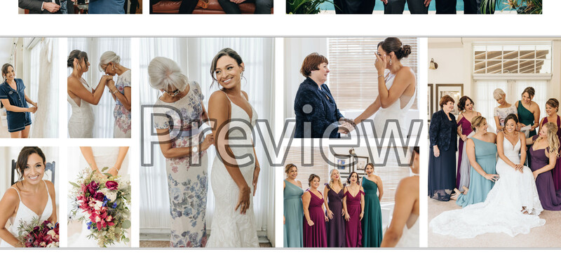 Wedding day moments showing bride with family members and bridesmaids in various indoor settings.