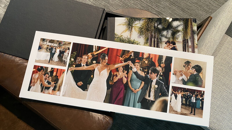 Wedding photo album layout with five images showing reception moments including dancing, cocktail hour, and guest interactions.