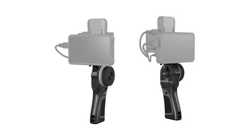 Handheld gimbal stabilizer shown from front and back views with mounted smartphone.