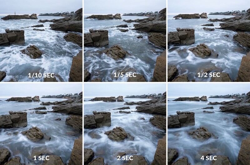 Six side-by-side exposures of rocky coastline with waves, ranging from 1/10 to 4 seconds shutter speed.