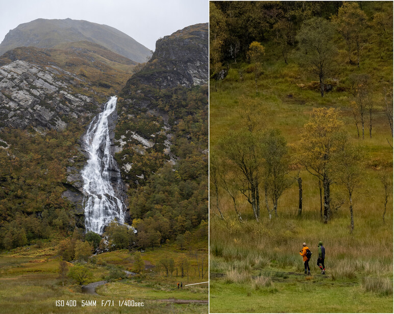 Comparison of mountain landscape with waterfall and hikers in grassy meadow with scattered trees.