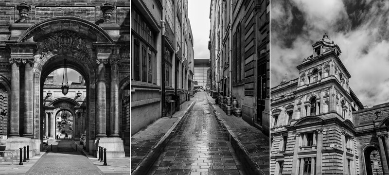 Three black and white architectural photographs showcasing urban stonework and classical buildings.