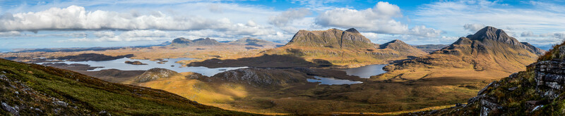Panoramic landscape of a highland valley with mountains, moorland, and multiple lochs under a cloudy sky.
