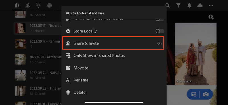 Screenshot of Google Photos menu showing share and storage options for a photo collection.