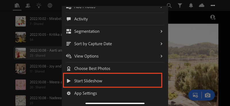 Screenshot of Google Photos menu with Start Slideshow option highlighted in red.