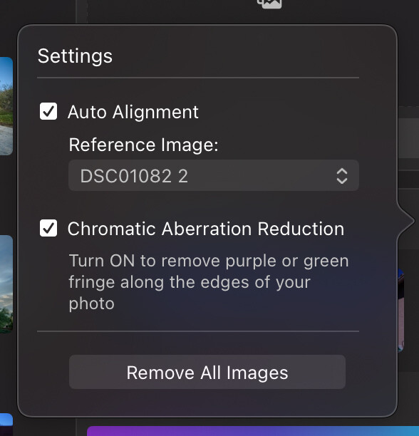 Screenshot of photo editing software settings panel showing Auto Alignment and Chromatic Aberration Reduction options.