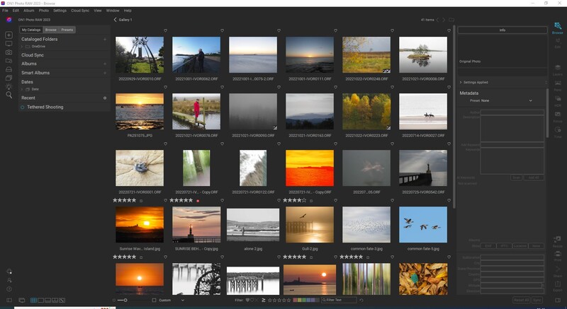 Screenshot of a photo management interface displaying a grid of landscape and nature photographs with star ratings and metadata.