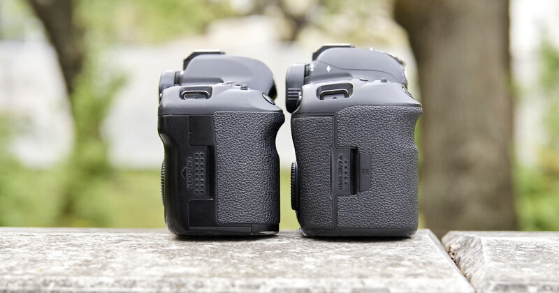 Two black camera battery grips positioned side-by-side on a wooden surface with blurred foliage background.