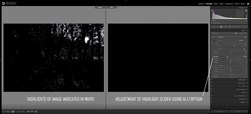 Screenshot showing highlight clipping detection in a photo editor, with white areas indicating overexposed regions.