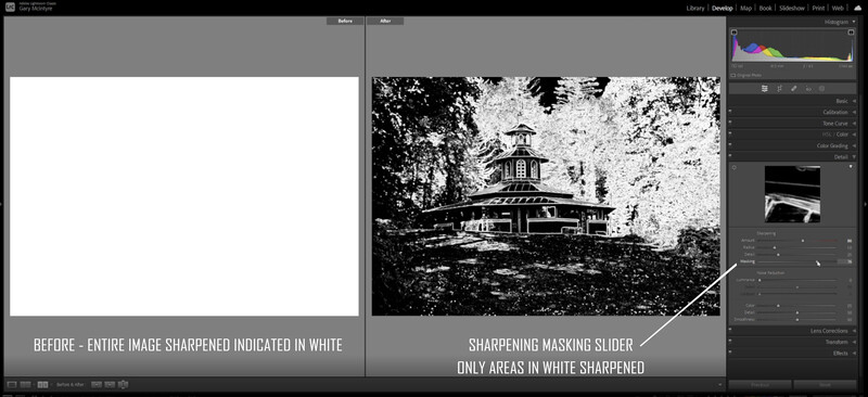 Screenshot showing before and after comparison of selective sharpening technique applied to a black and white architectural photograph.