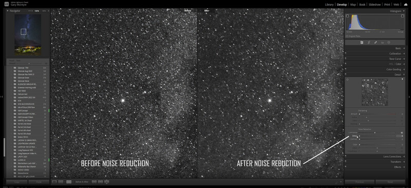 Screenshot comparing astronomical image before and after noise reduction processing in post-production software.