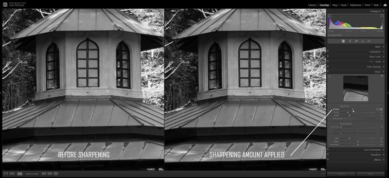 Screenshot of Lightroom showing before and after comparison of architectural photograph with sharpening adjustment applied.