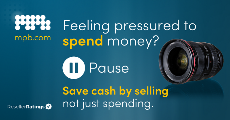 Graphic showing a camera lens next to text about pausing spending habits and selling items instead.