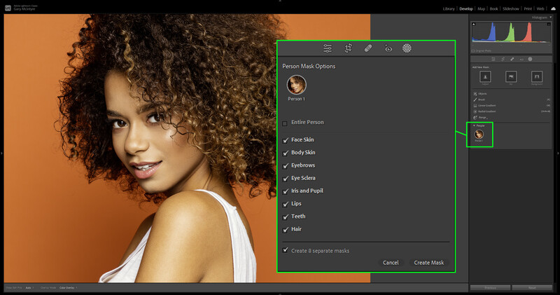Screenshot of portrait editing software showing Person 1 mask options dialog with checkboxes for facial features.