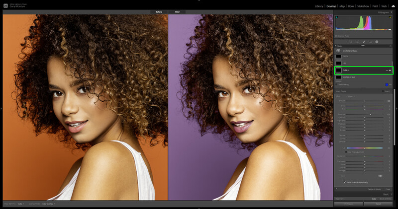 Before-and-after comparison of portrait color grading with warm orange and cool purple backgrounds.