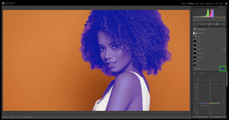 Screenshot of photo editing software showing a portrait with bold blue and orange color grading applied.