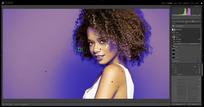Portrait of a woman with curly hair against a purple gradient background during photo editing.