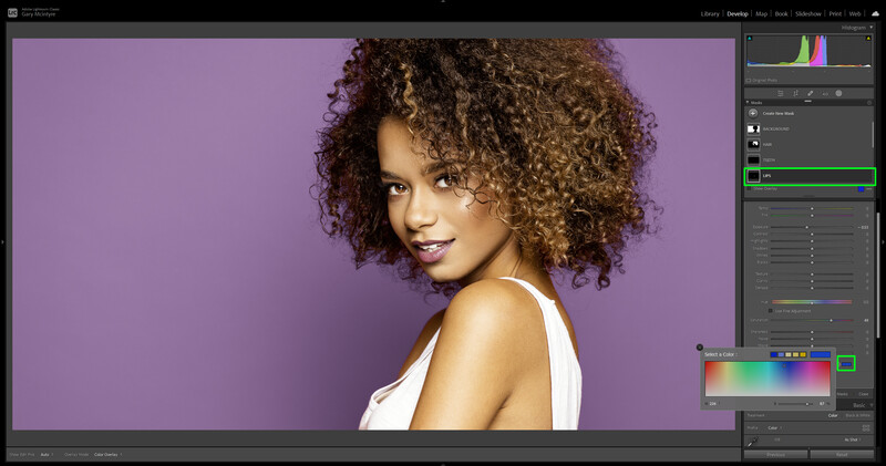 Portrait of a woman with curly brown hair against a purple background, shot in a photography editing software interface.