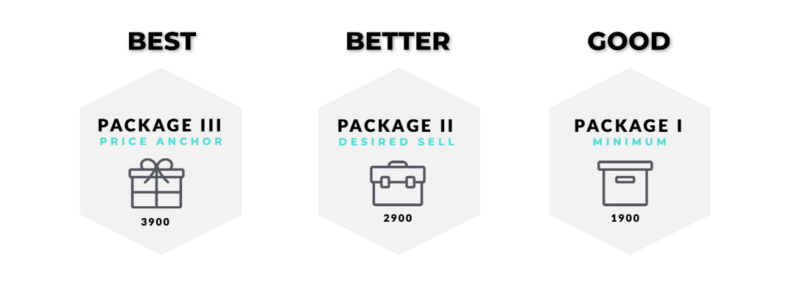 Graphic showing three pricing tiers labeled Best, Better, and Good with package prices of 3900, 2900, and 1900.