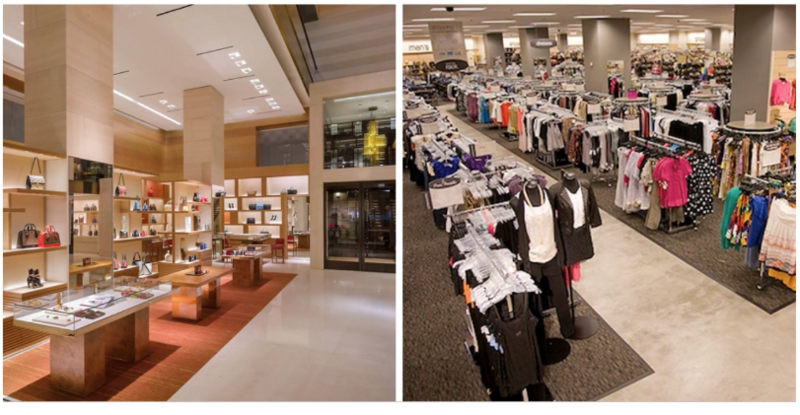 Comparison of two retail store interiors showing different merchandising approaches and layouts.