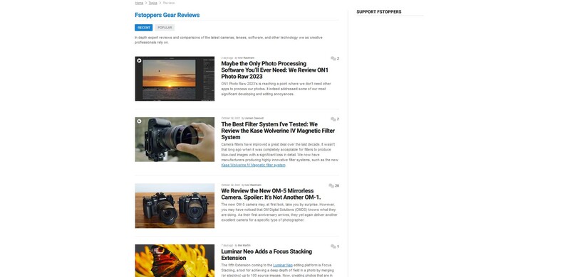 Screenshot of Fstoppers Gear Reviews webpage displaying photography equipment reviews.