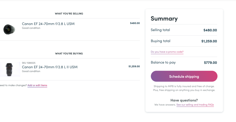 Screenshot of a camera lens trade-in interface showing selling and buying totals with payment summary.