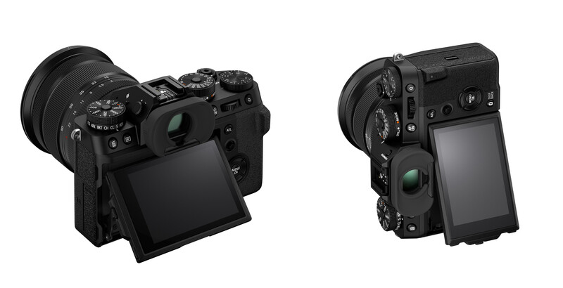 Two black mirrorless cameras shown from rear three-quarter view, displaying articulating LCD screens and control layouts.