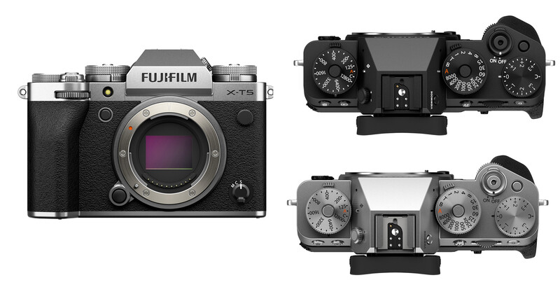 Fujifilm X-T5 mirrorless camera shown from front and top views with comparison of black and silver dial configurations.