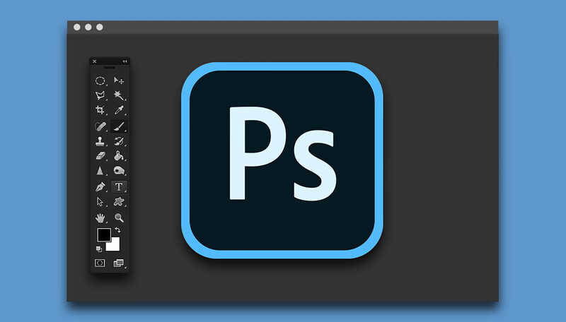Screenshot of Adobe Photoshop interface displaying the Ps logo on a dark canvas with tool palette visible on the left.
