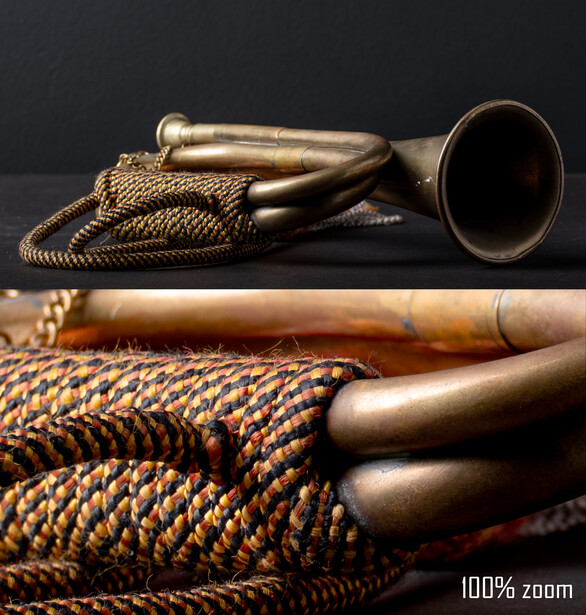 Close-up comparison of two brass horns with coiled rope, showing textural detail and warm lighting.