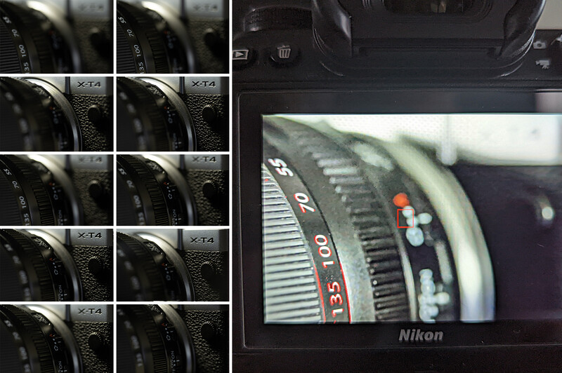 Nikon camera monitor displaying lens information and controls with camera lenses shown on left side.