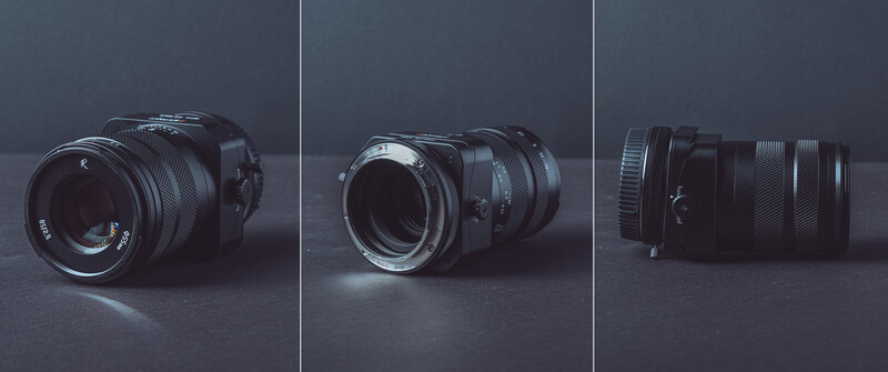 Three vintage camera lenses displayed side by side against a dark gray background.