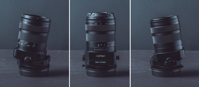 Three views of a telephoto lens shown from different angles against a neutral gray backdrop.