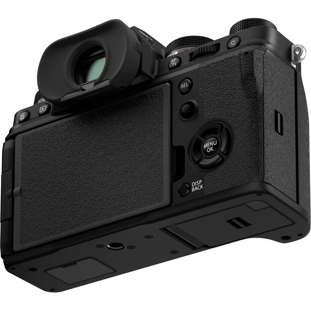 Mirrorless camera body with articulating rear LCD screen shown from rear three-quarter view.