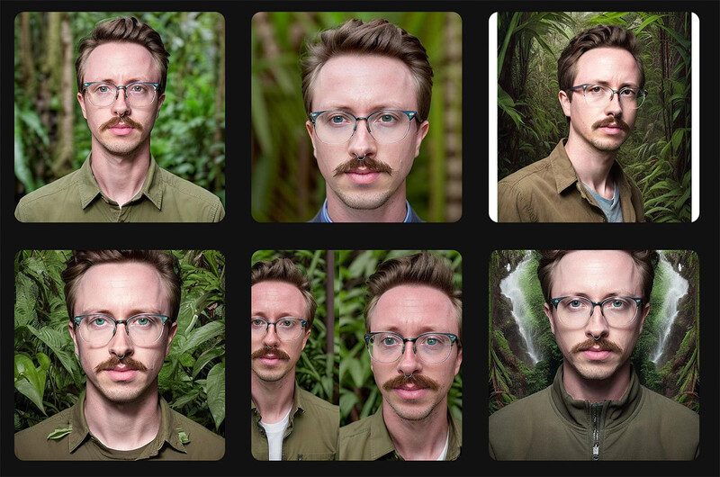 Grid of seven portrait photographs showing variations of facial hair and styling on the same male subject.