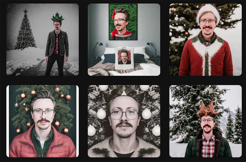 Grid of six holiday-themed portrait photographs featuring men with beards in festive settings and clothing.