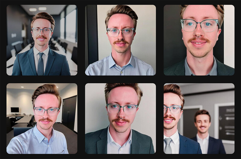 Six portrait photographs of men wearing glasses and mustaches in various indoor settings.